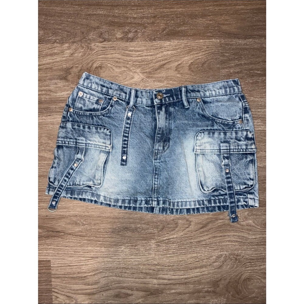 Y2K Cargo Denim Mini Skirt Large Low Rise Acid Wash Snap Button